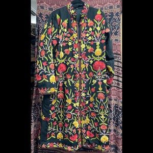 Hand embroidered cashmere knee length coat